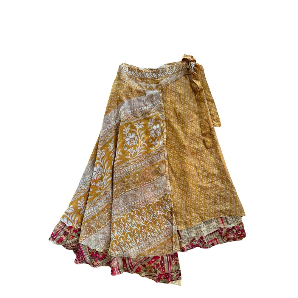 Earthbound Trading Co Reversible Wrap Skirt Mustard Yellow Floral Boho Midi NWT